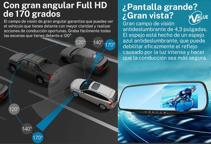 Cámara de Estacionamiento 4.3'' 1080p Doble Lente 170° para Auto