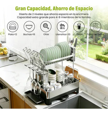 Escurridor de Platos de Acero Inoxidable con Drenaje Eficiente y 2 Niveles