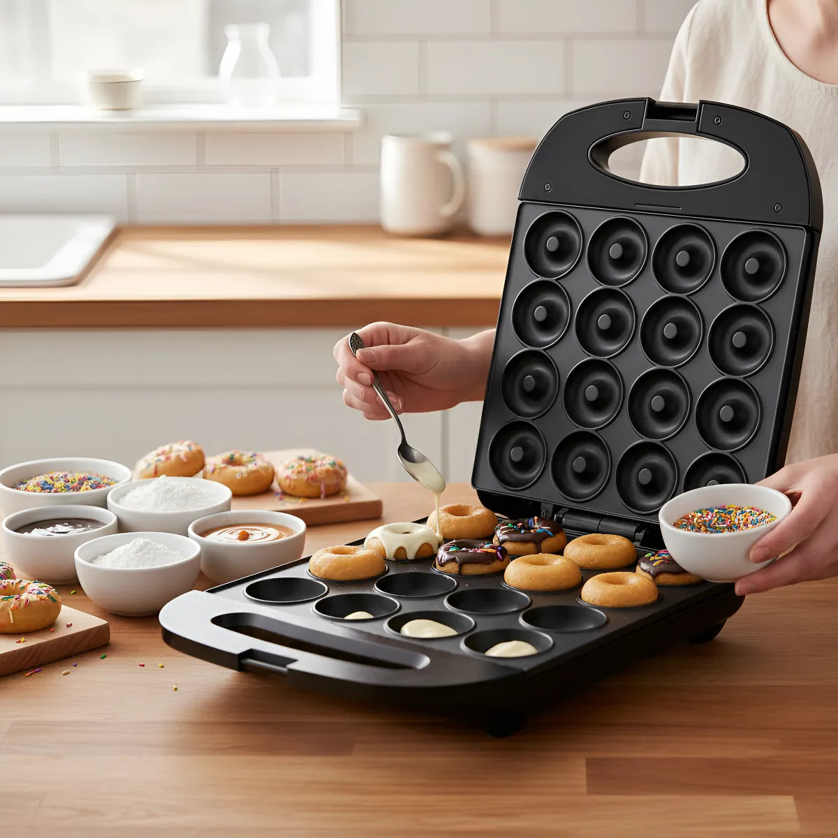 Máquina Eléctrica para Mini Donas Antiadherente 16 Rosquillas Negra