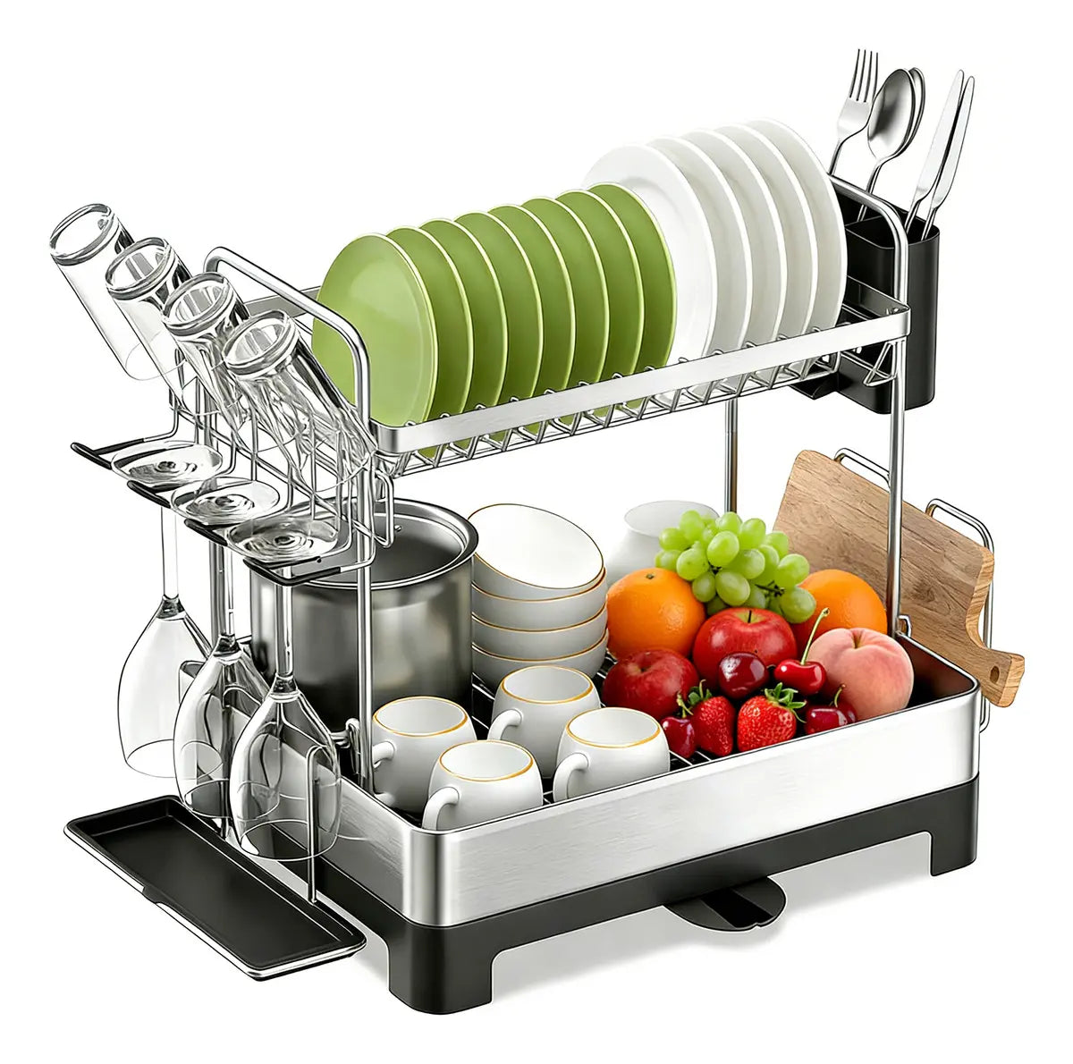 Escurridor de Platos de Acero Inoxidable con Drenaje Eficiente y 2 Niveles