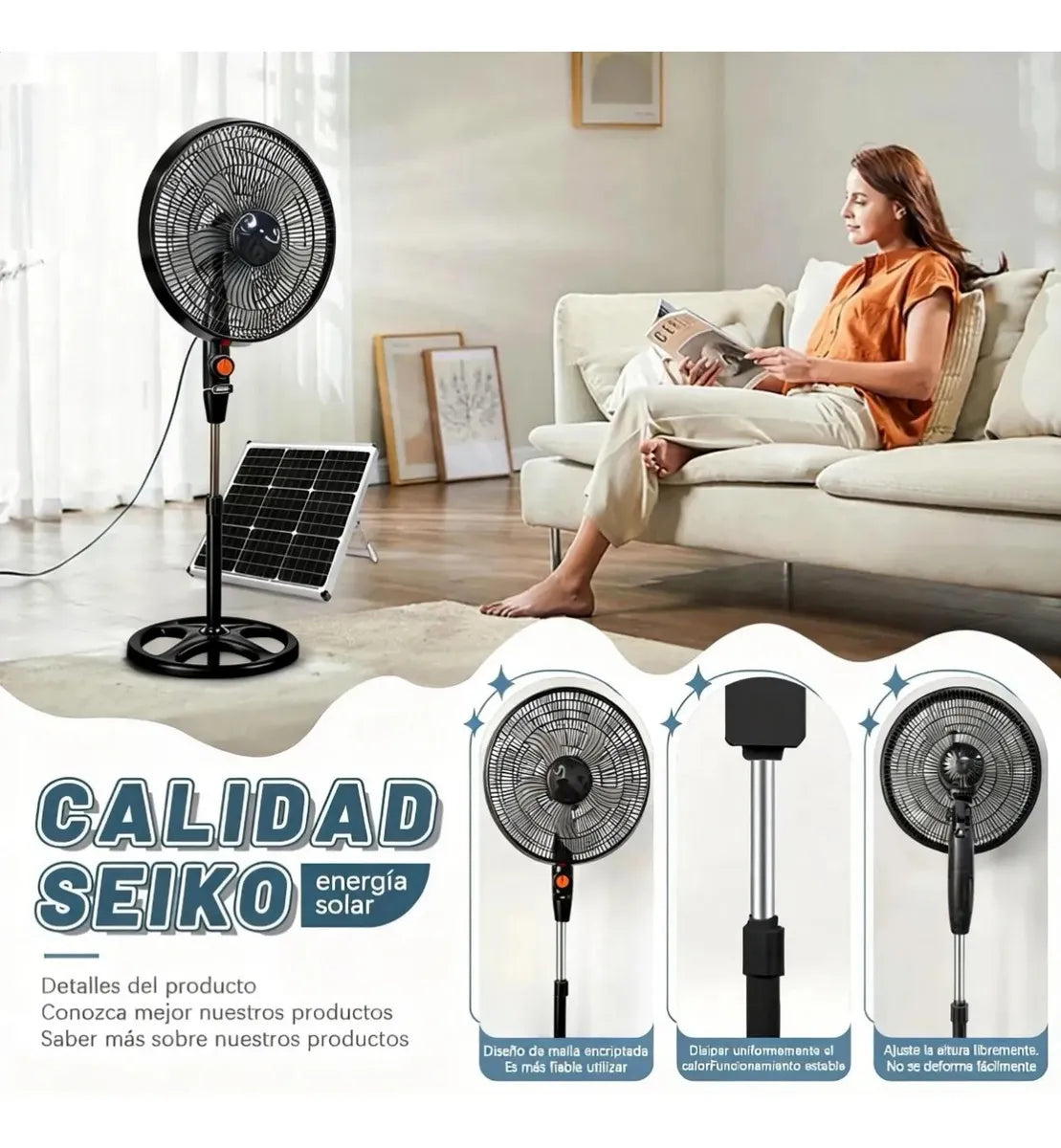 Ventilador Solar Recargable 20000mAh Silencioso 3 Velocidades Portátil