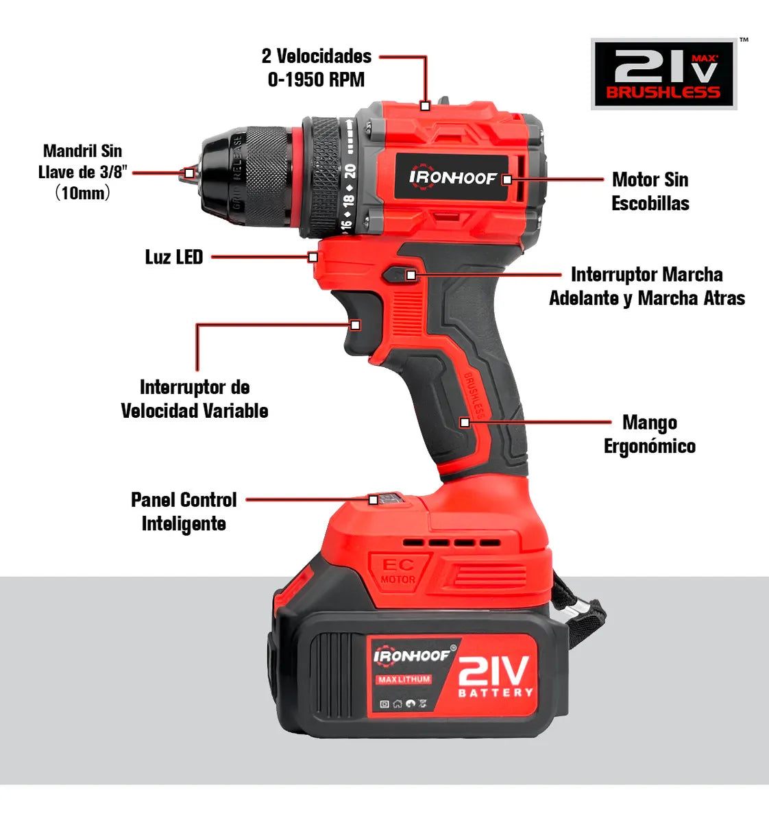 Taladro Atornillador e Impacto Inalámbrico Sin Escobillas Rojo