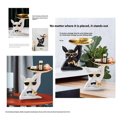 Bulldog Dog Sculpture with Organizer Tray for Home Decoration