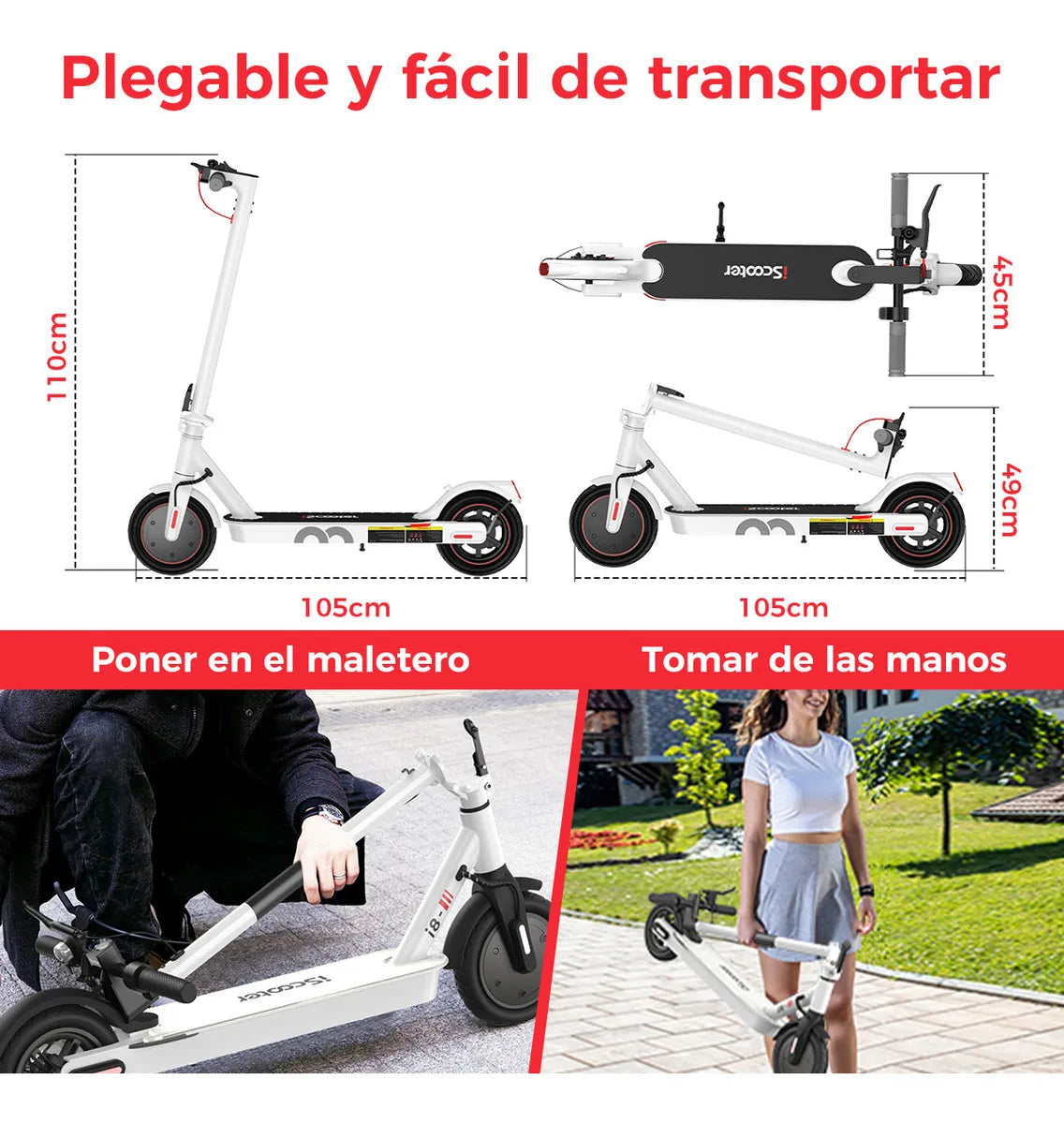 Scooter Eléctrico Plegable 25km/h con Neumáticos de 8.5'' y LED - Metacompras