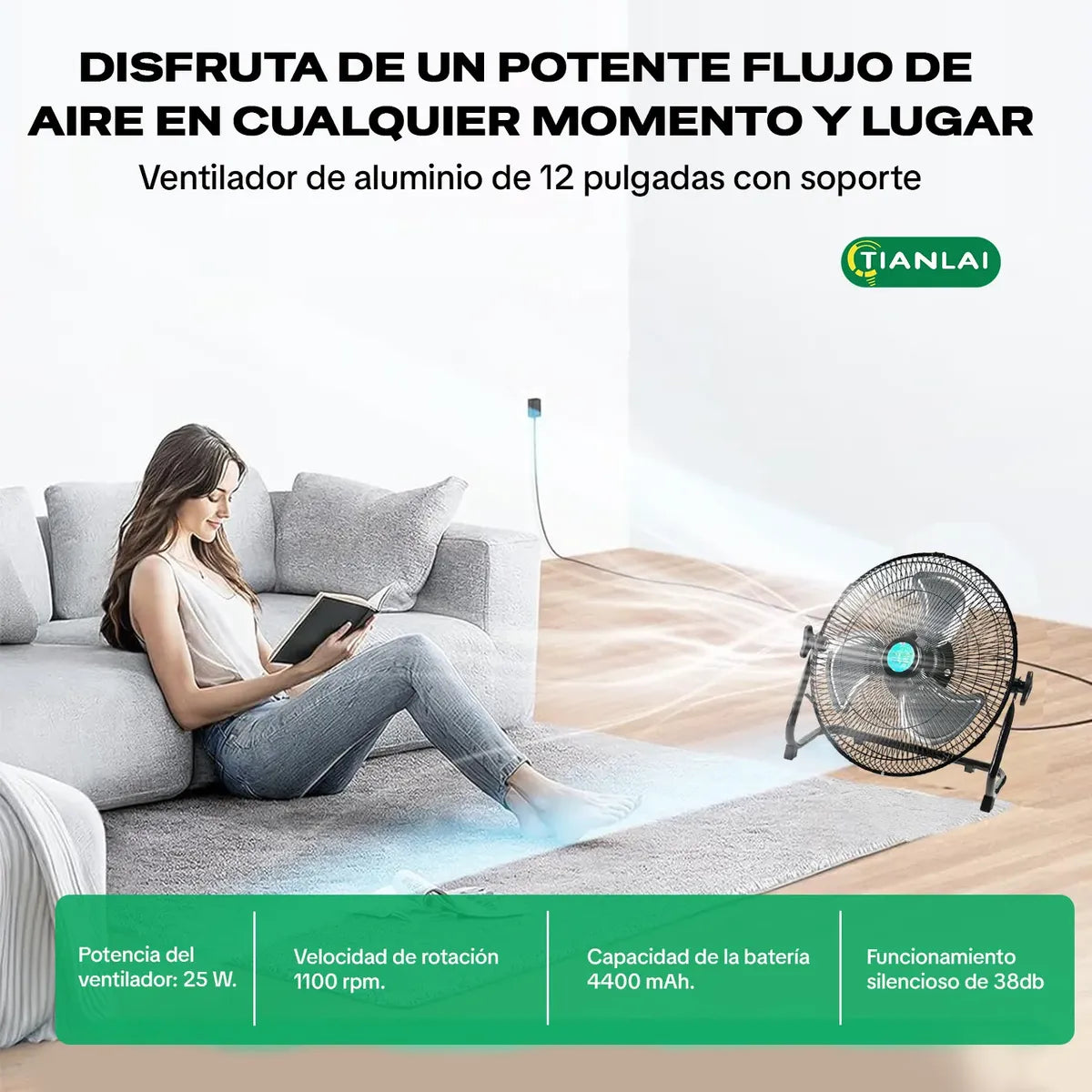 Ventilador Solar Metálico Recargable USB de 12 Pulgadas y 12 Velocidades