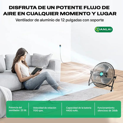 Ventilador Solar Metálico Recargable USB de 12 Pulgadas y 12 Velocidades