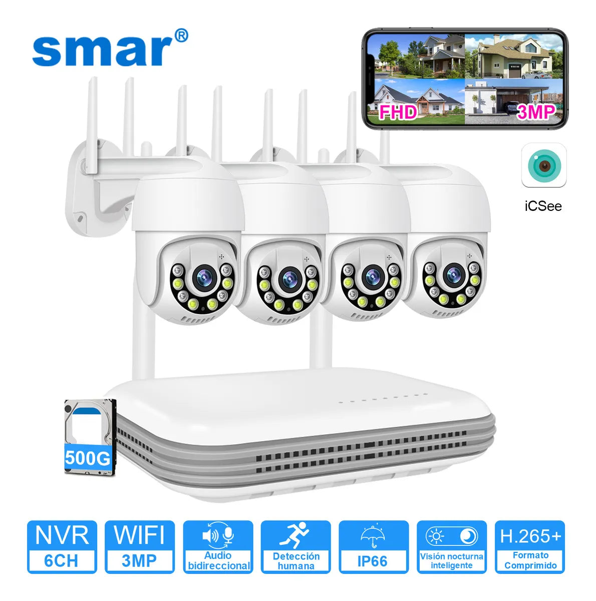 Kit Completo de 4 Cámaras de Seguridad Wifi 3MP con Visión Nocturna y NVR - Metacompras