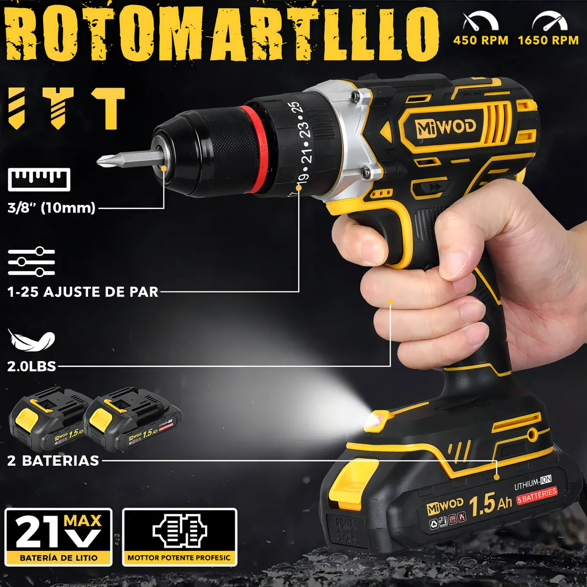 Taladro Atornillador Inalámbrico 21V con 2 Baterías Li-Ion y Mandril 10mm - Metacompras