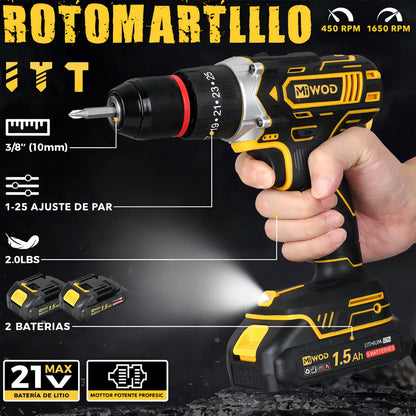 Taladro Atornillador Inalámbrico 21V con 2 Baterías Li-Ion y Mandril 10mm - Metacompras