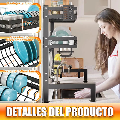Escurridor de Trastes Negro de 2 Niveles para Fregadero Compacto
