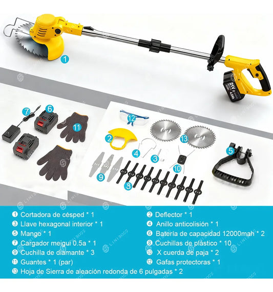 Desbrozadora Inalámbrica Eléctrica Pasto Podadora Plegable Amarillo