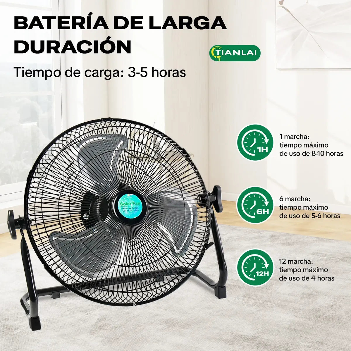 Ventilador Solar Metálico Recargable USB de 12 Pulgadas y 12 Velocidades