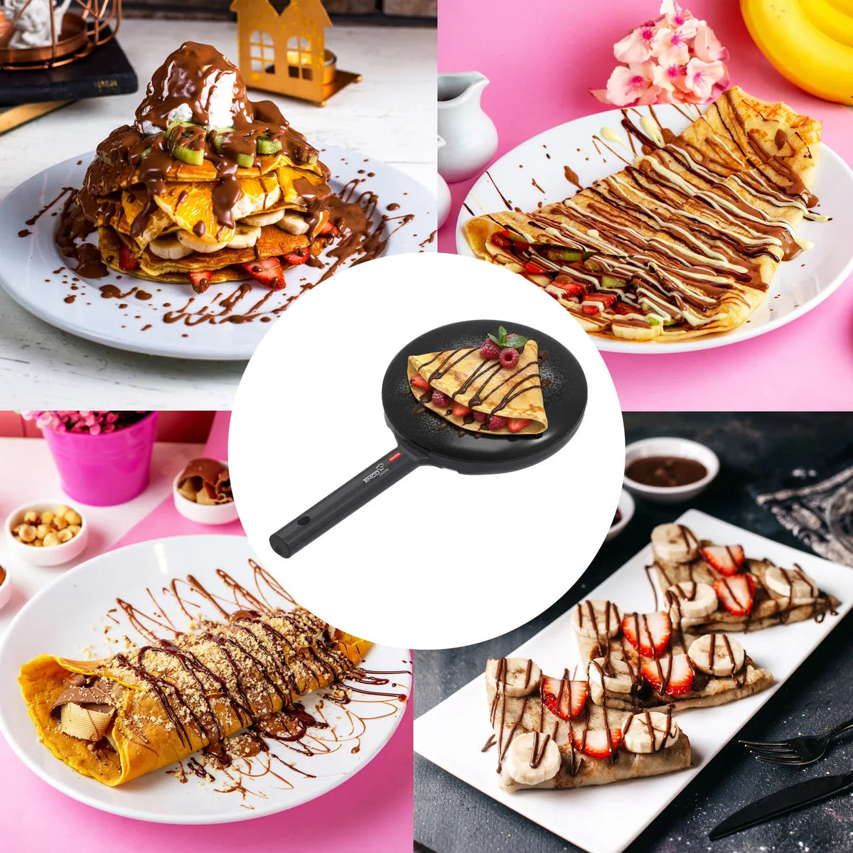 Máquina de Crepas Antiadherente 22 cm Multifuncional 600W Negra