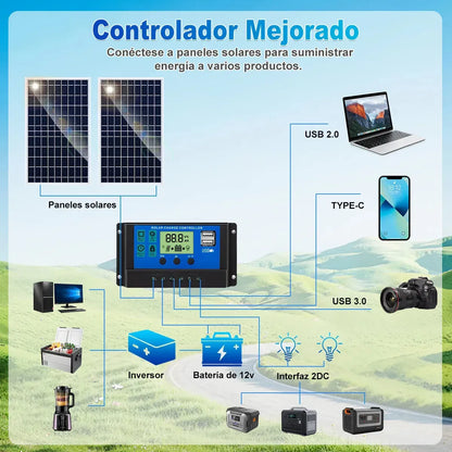 Kit de Paneles Solares 600W con Controlador y Puertos USB para Exteriores