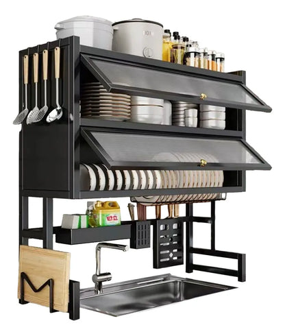 Escurridor de Trastes Negro con Organizador y Seca Vasos 30x95cm
