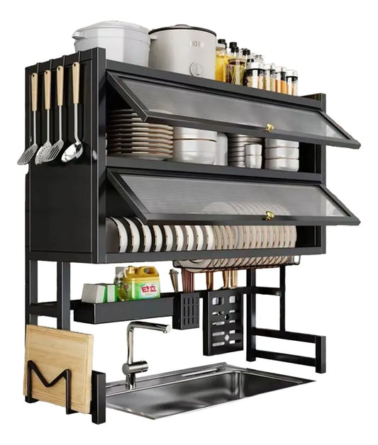 Escurridor de Trastes Negro con 3 Niveles y Seca Vasos 30x95cm - Metacompras