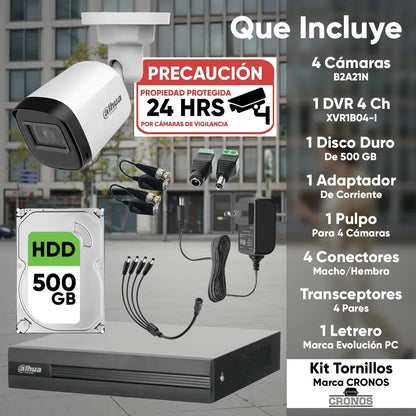 Kit de Videovigilancia con 4 Cámaras 2MP y Disco Duro de 500GB