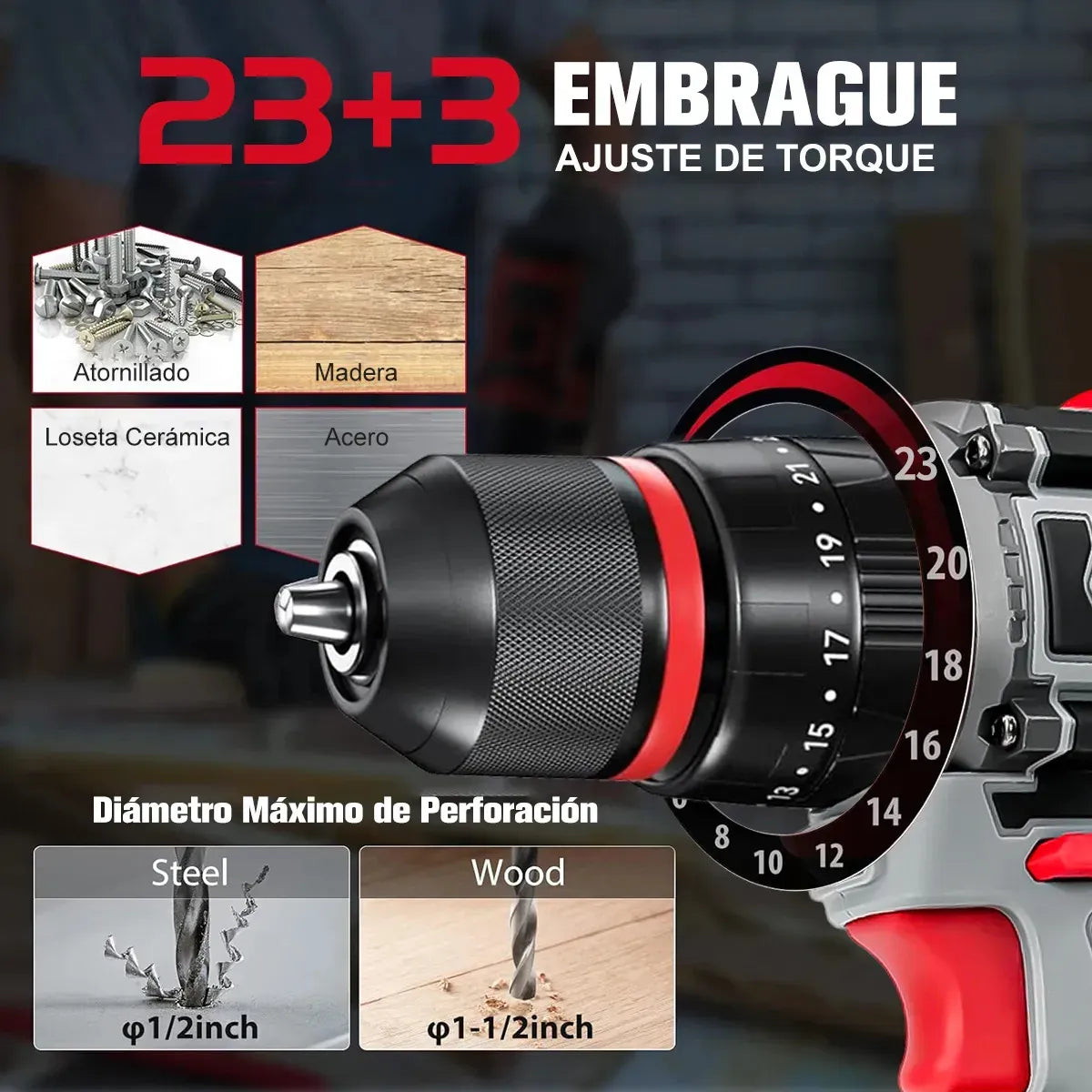 Taladro Inalámbrico 90 Nm con Motor Sin Escobillas y 2 Baterías