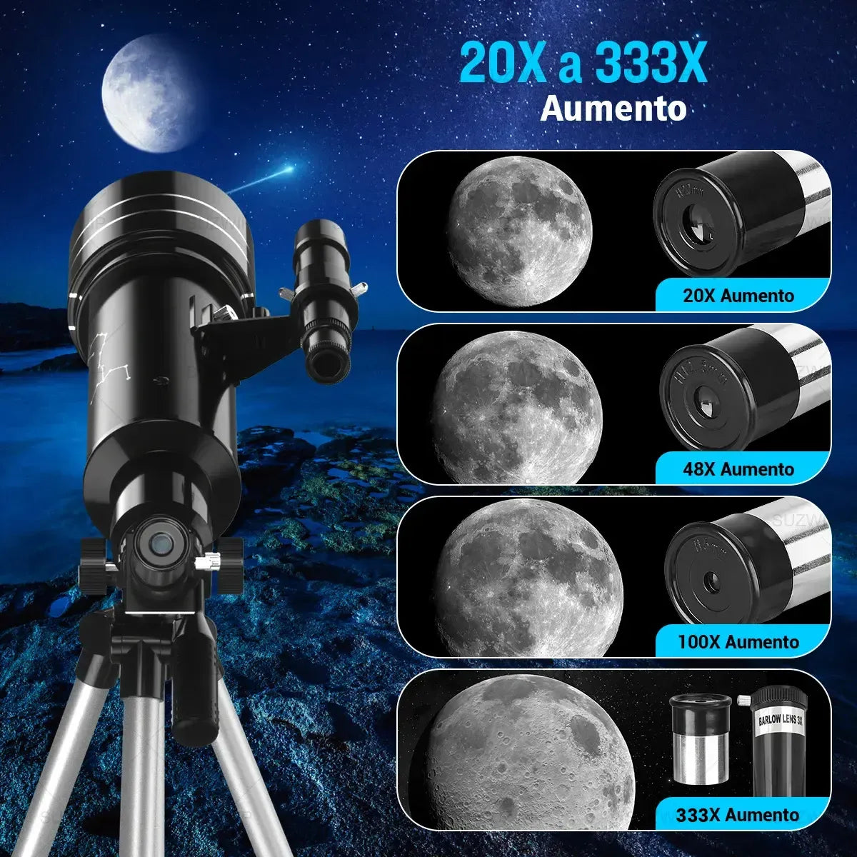 Telescopio Astronómico Profesional 70/400mm con Trípode Ajustable y Soporte para Móvil