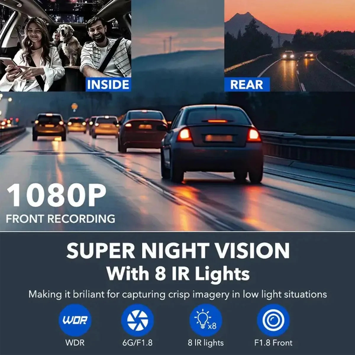 Dashcam 3 Cámaras HD con Wifi, Visión Nocturna y Control por App