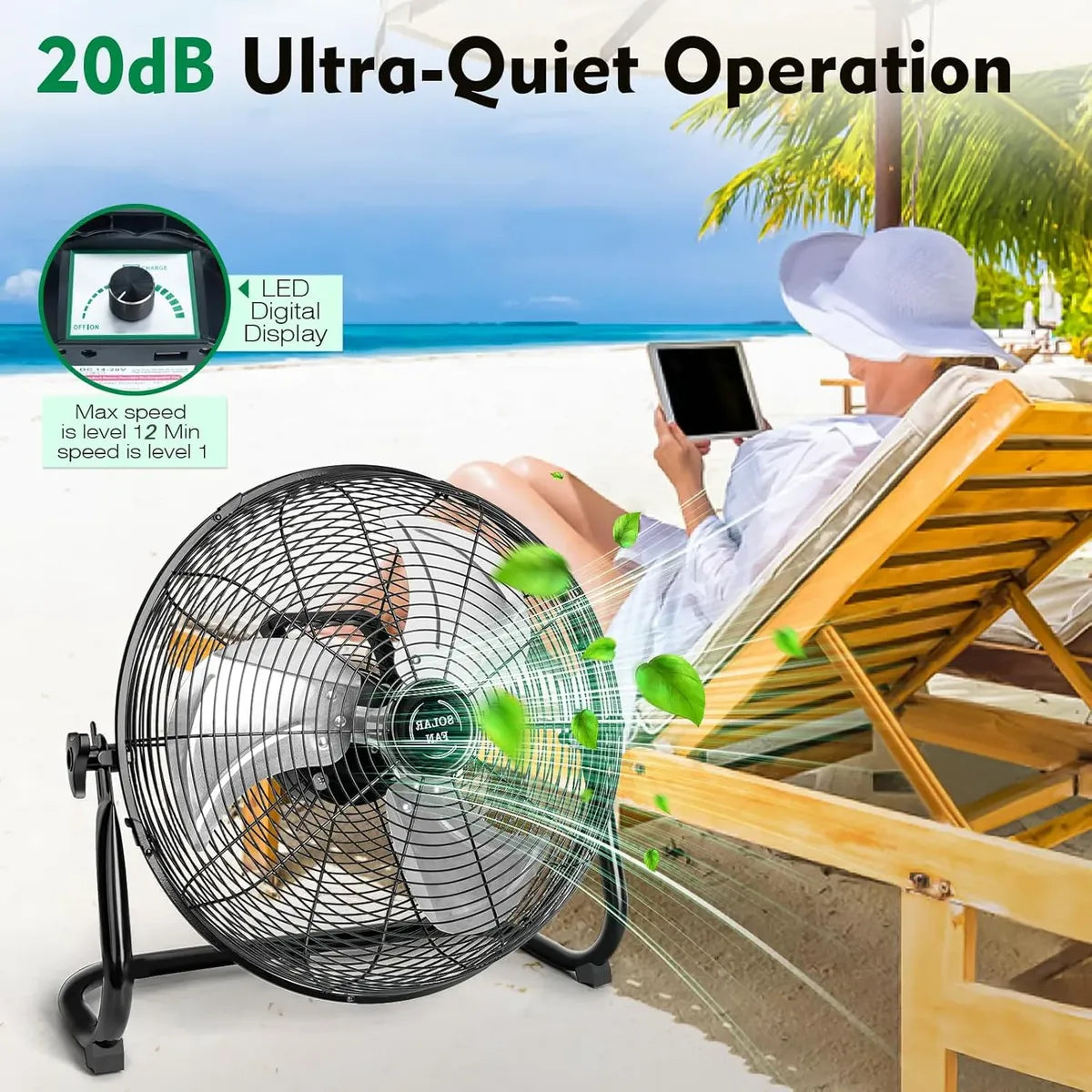 Ventilador Solar Recargable 12" con Carga Doble y Silencio Ideal para Exterior - Metacompras