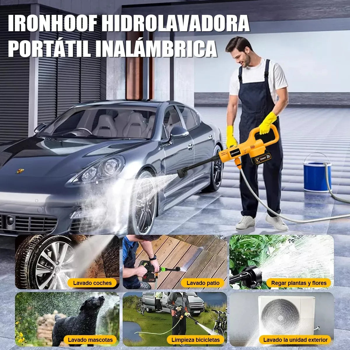 Pistola Hidrolavadora Portátil Eléctrica Inalámbrica 6 en 1 Amarilla