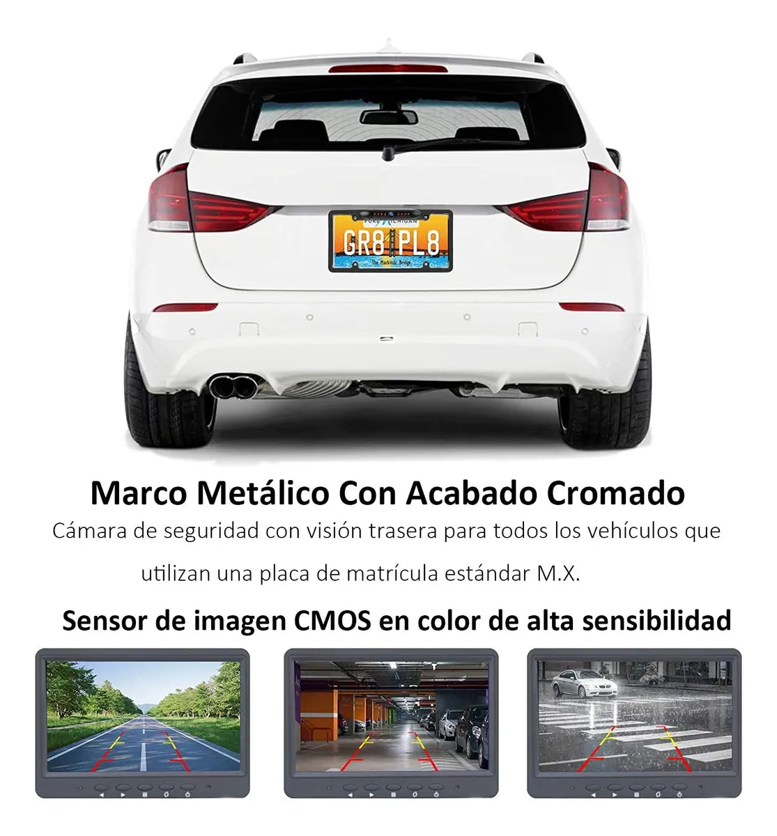 Cámara Reversa Portaplaca con 8 Luces LED y Visión Nocturna Ideal para Seguridad