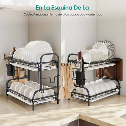 Escurridor de Platos de Acero Inoxidable de 2 Niveles con Cubiertero