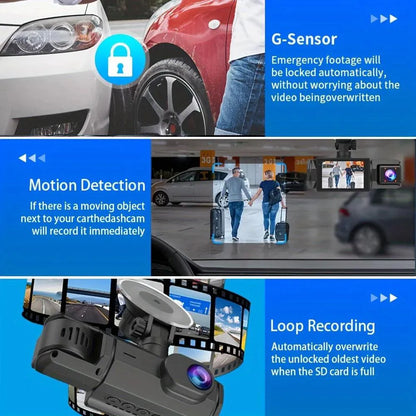 Dashcam 3 Cámaras HD con Wifi, Visión Nocturna y Control por App