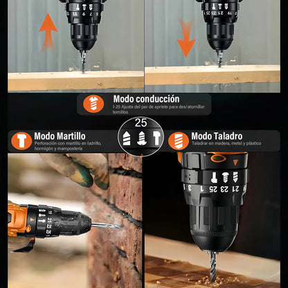 Taladro Rotomartillo Inalámbrico 3 en 1 con 30 Accesorios y Baterías 7500mAh - Metacompras