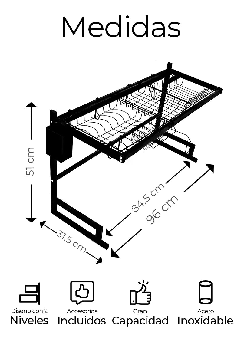 Escurridor de Trastes Negro Organizador de Platos para Fregadero