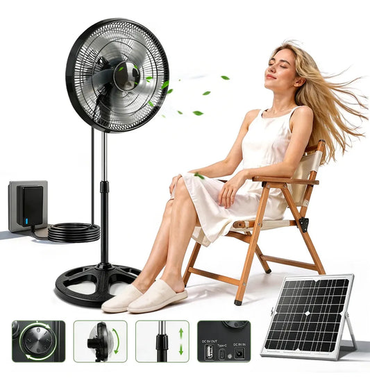 Ventilador de Piso Solar Recargable 16" con Luz LED y Batería de Larga Duración