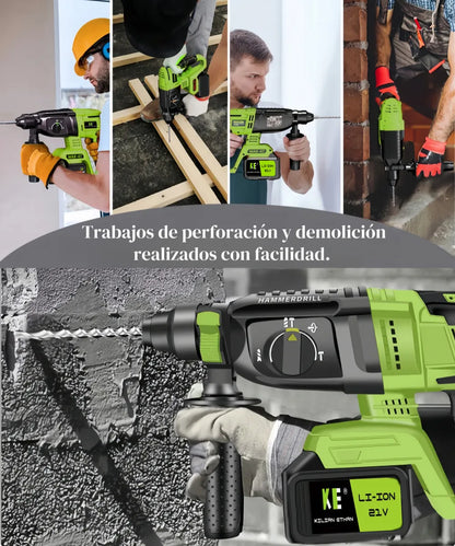 Rotomartillo Inalámbrico 21V Profesional con Kit Completo 3en1 y Accesorios