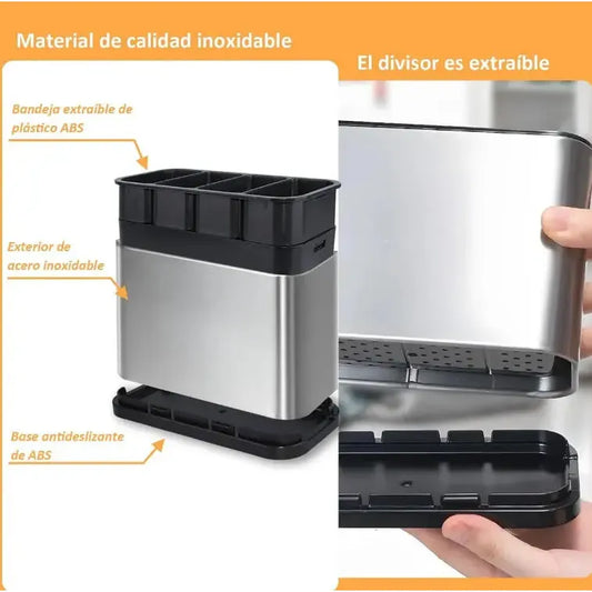 Organizador de Cubiertos Desmontable con Drenaje Eficiente y 4 Compartimentos