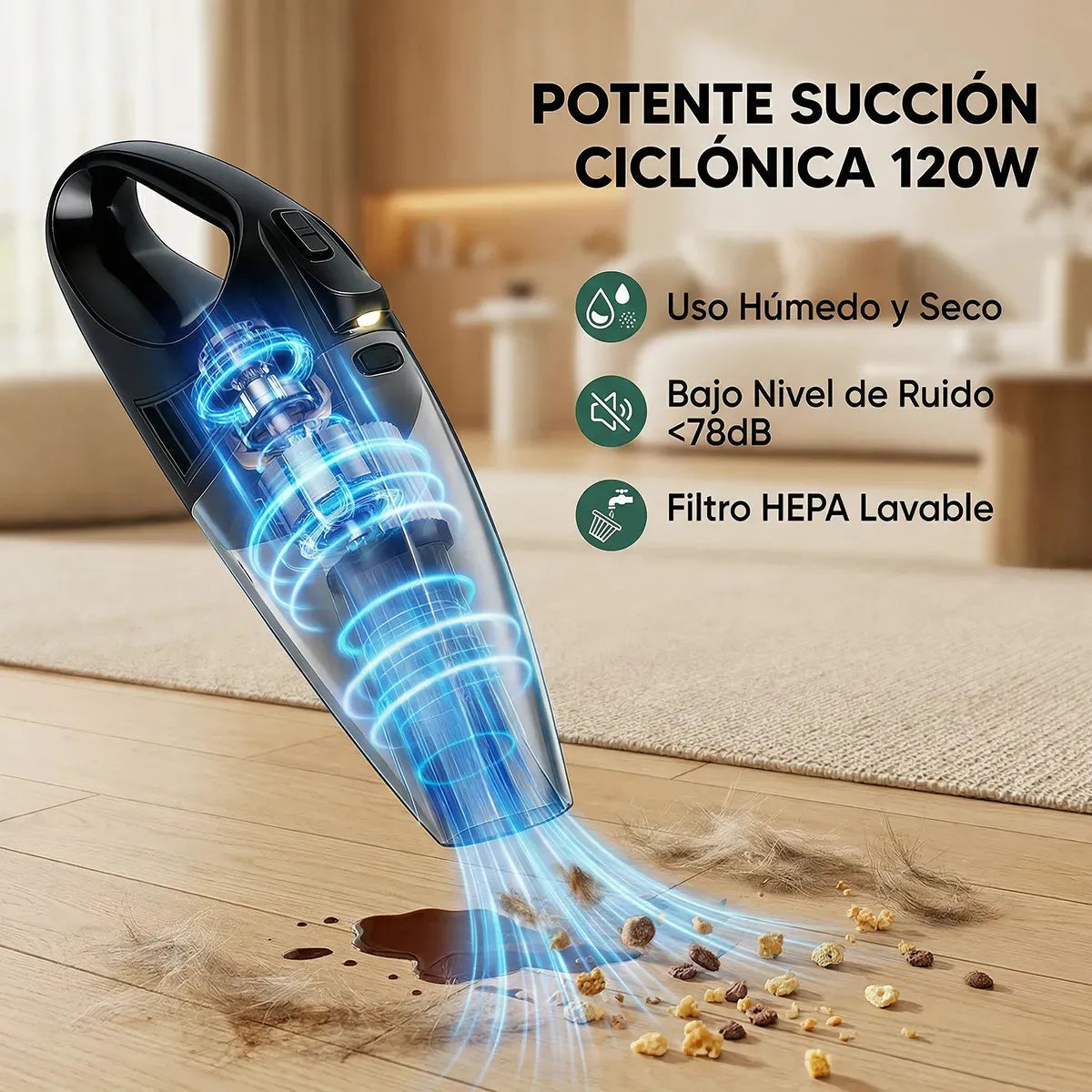 Aspiradora Portátil Inalámbrica con Filtro Lavable y LED para Hogar y Autos