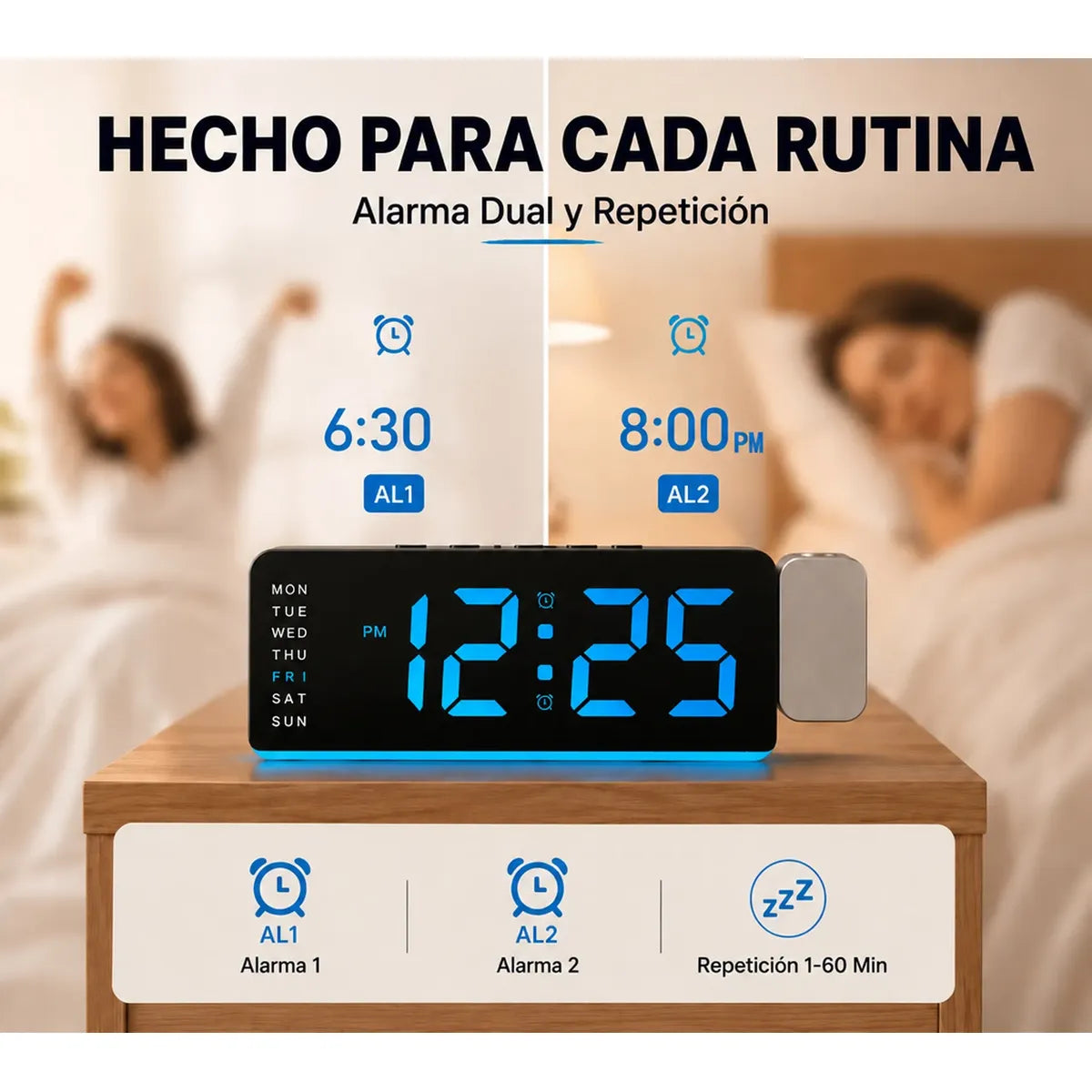 Digital Alarm Clock with Projector and FM Radio, Elegant Design