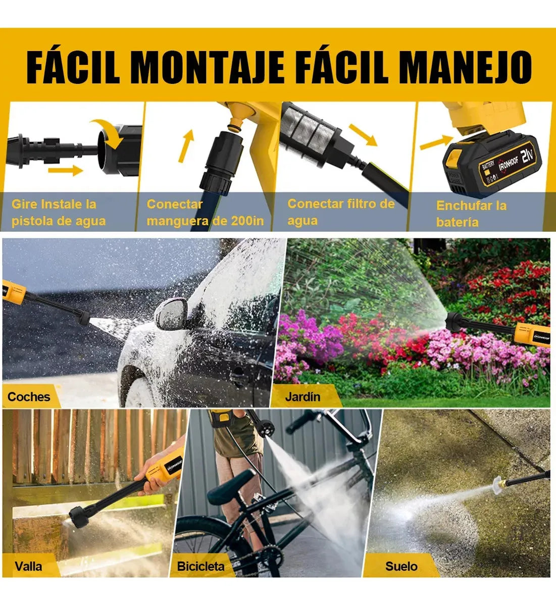 Pistola Hidrolavadora Portátil Eléctrica Inalámbrica 6 en 1 Amarilla