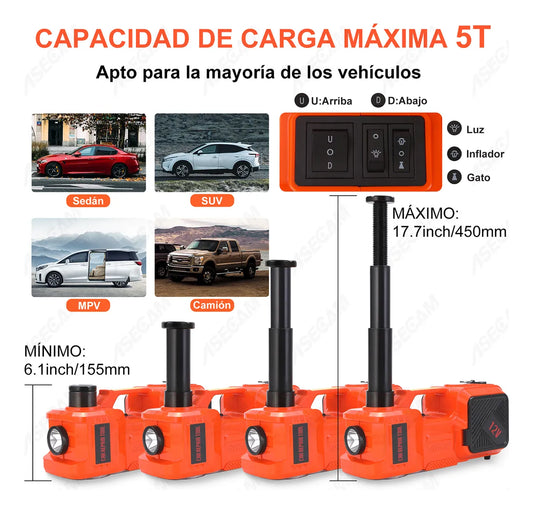 Gato Hidráulico Eléctrico 12v 5 Ton Kit Completo 5 en 1 para Automóviles