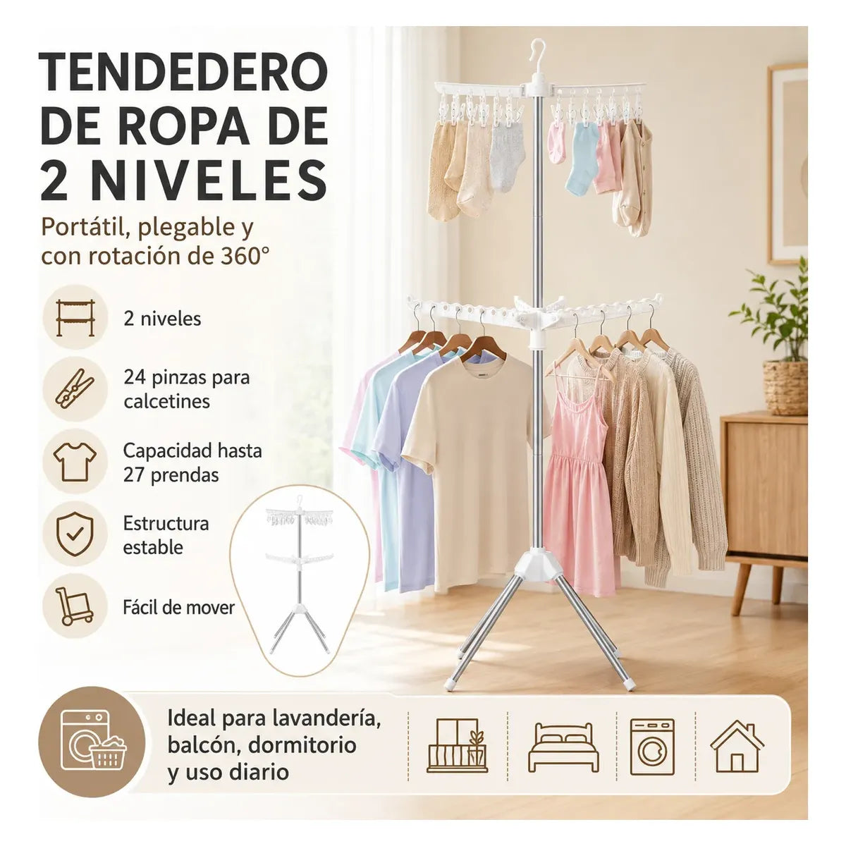 Tendedero Plegable Portátil con Alta Capacidad para Secar Ropa