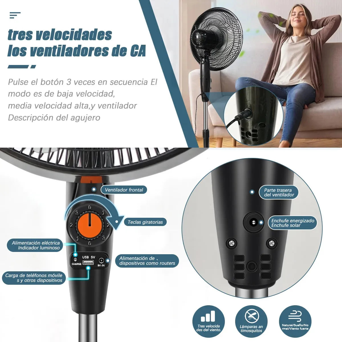 Ventilador Solar Recargable 20000mAh Silencioso 3 Velocidades Portátil