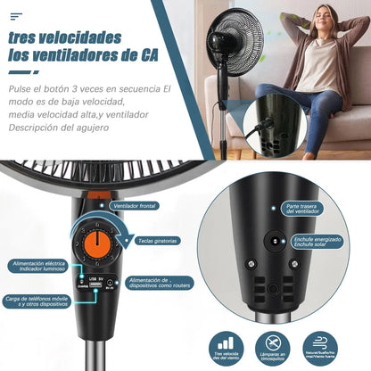 Ventilador Solar Recargable 20000mAh Silencioso 3 Velocidades Portátil