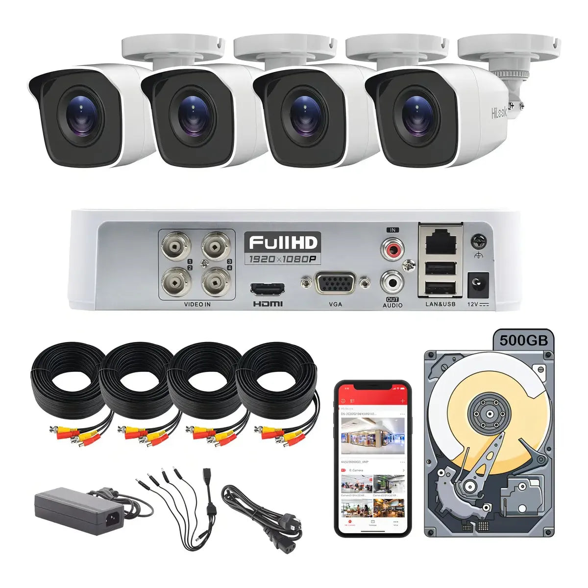 Kit de Seguridad 4 Cámaras 1080p con Almacenamiento de 500GB