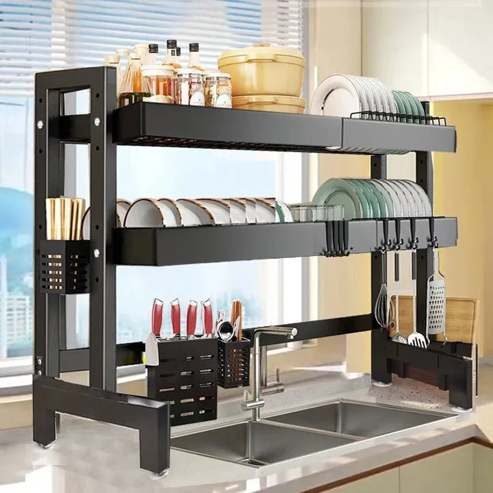 Escurridor de Trastes Ajustable sobre Fregadero - Organizador de Platos Negro