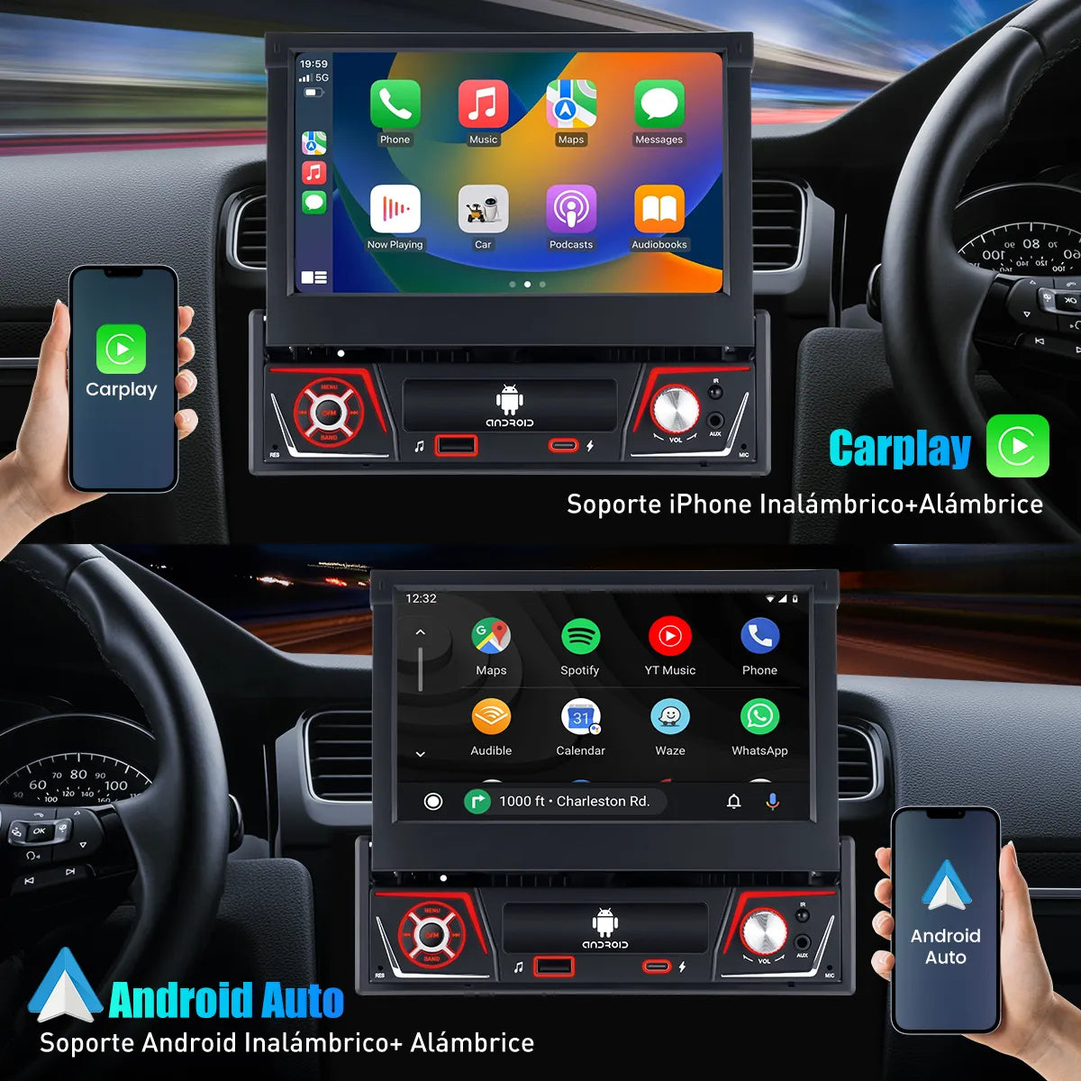 Autoestéreo retráctil 7" con Android 13, CarPlay y WiFi