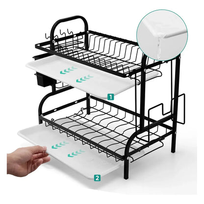 Escurridor de Platos de Acero Inoxidable de 2 Niveles con Cubiertero