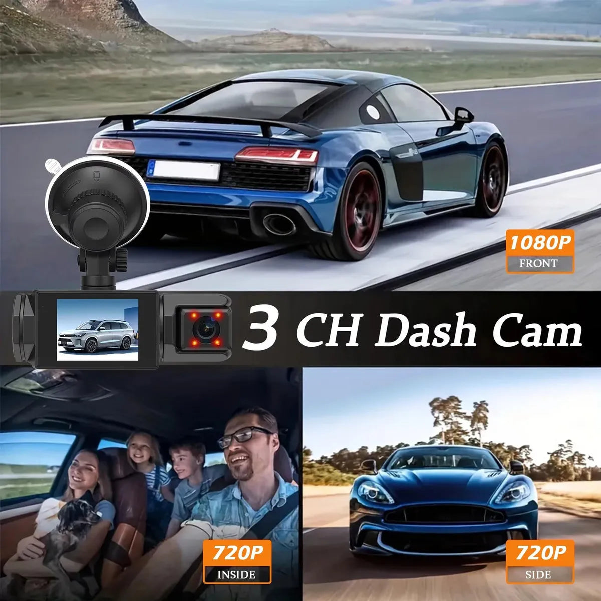 Dashcam 3 Cámaras HD con Wifi, Visión Nocturna y Control por App