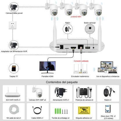 Kit Completo de 4 Cámaras de Seguridad Wifi 3MP con Visión Nocturna y NVR - Metacompras