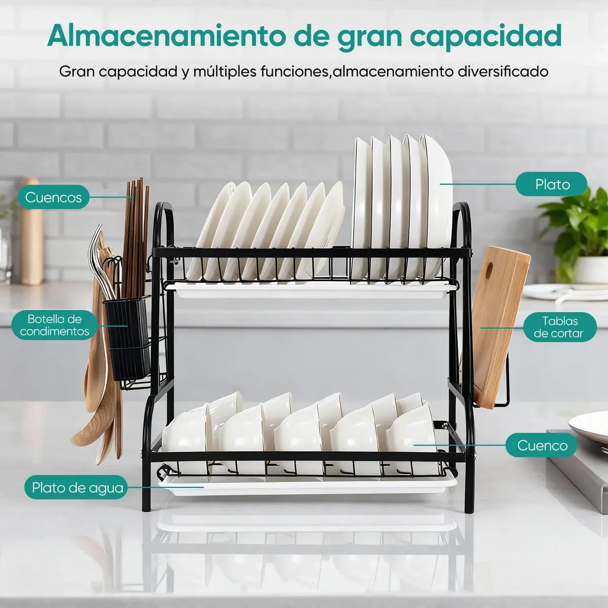 Escurridor de Platos de Acero Inoxidable de 2 Niveles con Cubiertero
