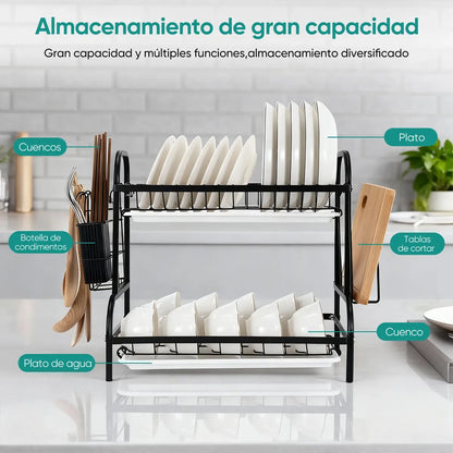 Escurridor de Platos de Acero Inoxidable de 2 Niveles con Cubiertero