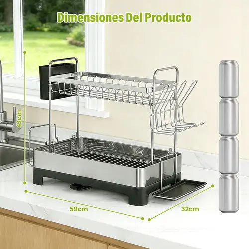 Escurridor de Platos de Acero Inoxidable con Drenaje Eficiente y 2 Niveles